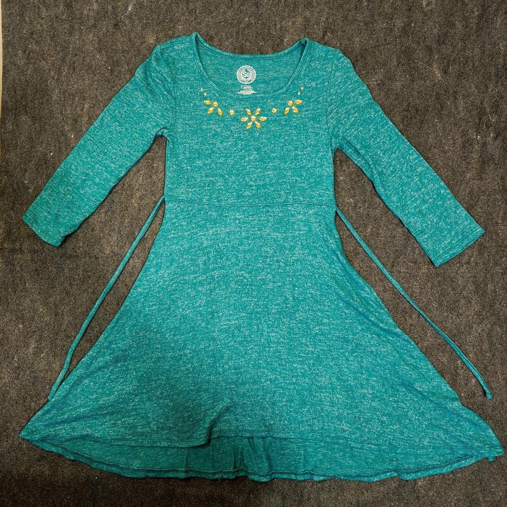 SO Clothing Girls Teal Green Long Sleeve Floral Skater Dress Size M 10